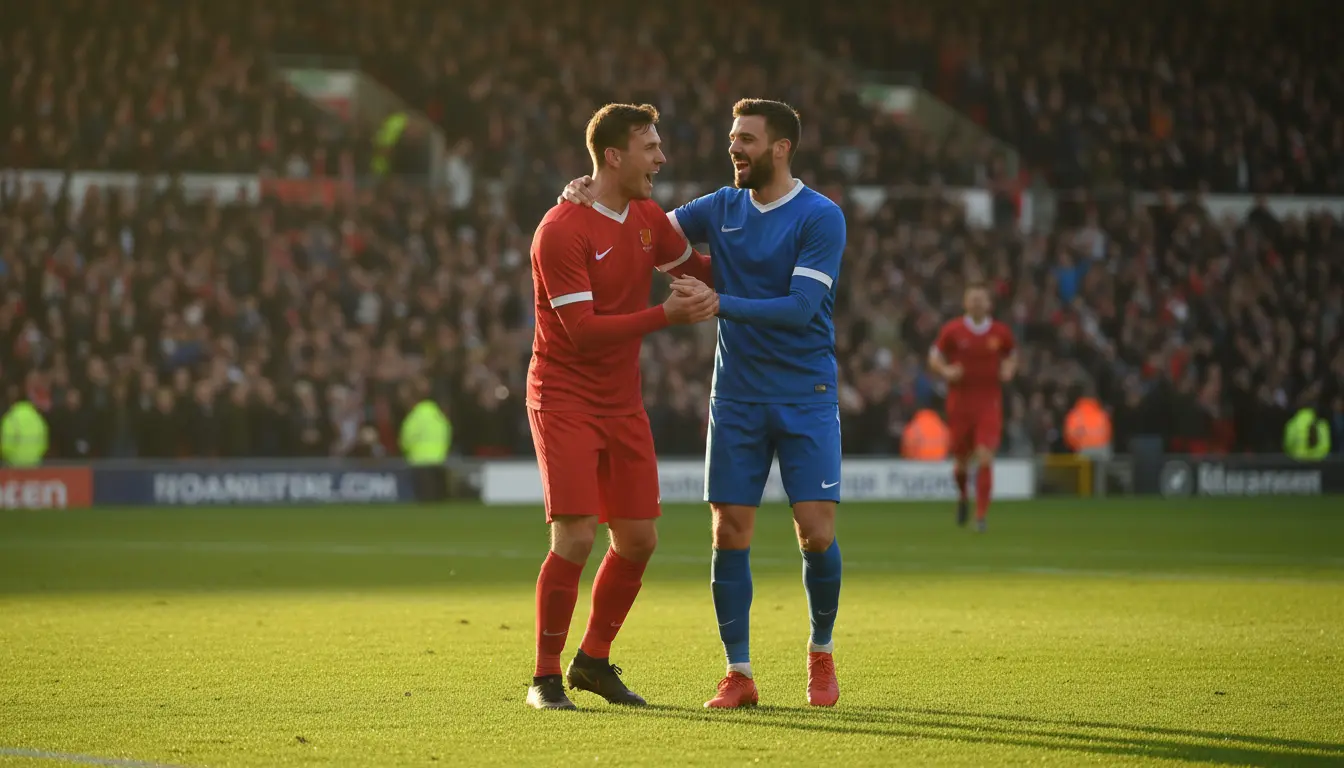 Dos jugadores de fútbol celebrando un gol en un estadio lleno de aficionados