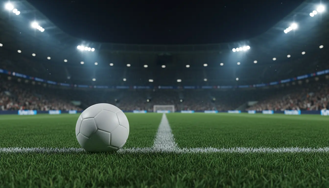 Balón de fútbol sobre césped con las luces de un gran estadio europeo al fondo