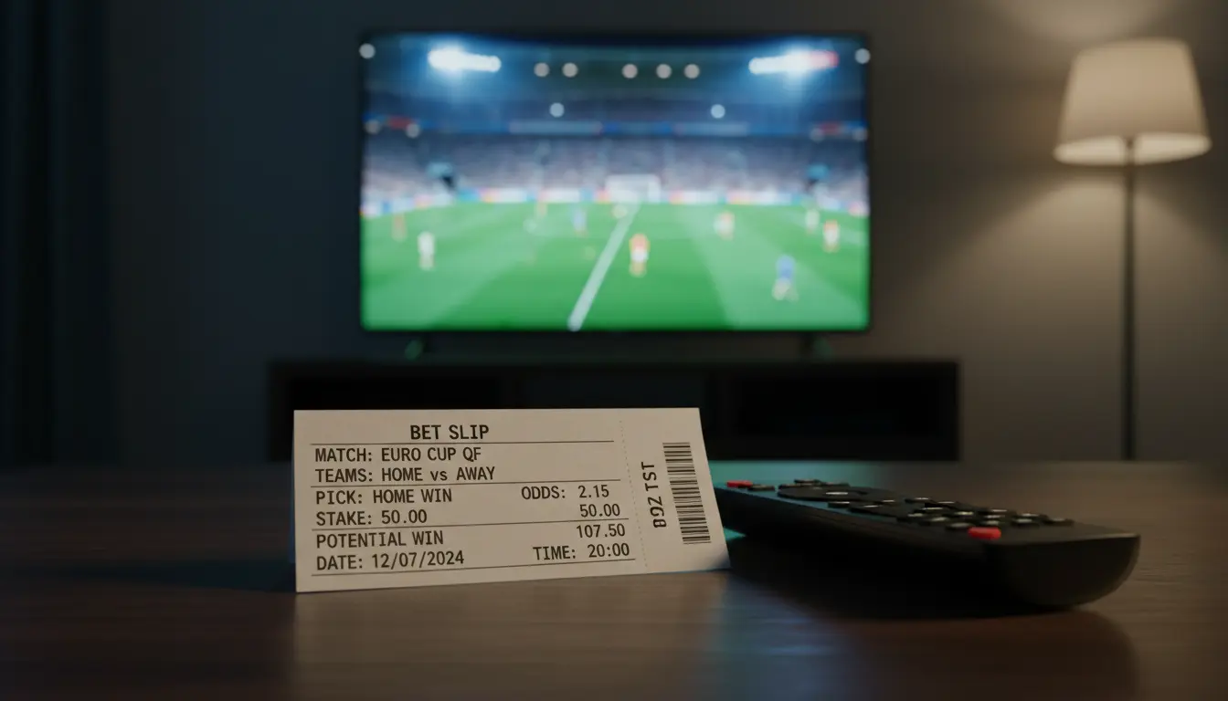 Boleto de apuestas deportivas sobre una mesa junto a un partido de fútbol en pantalla