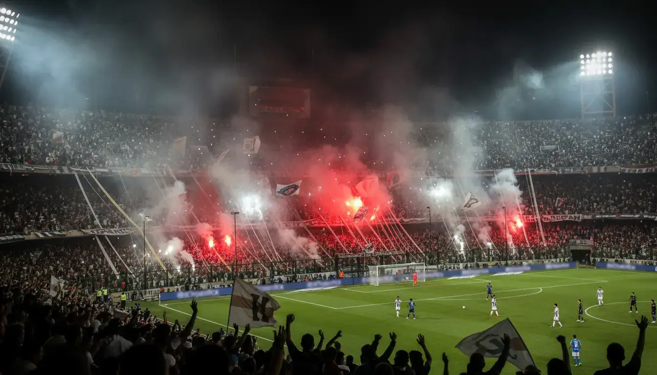 Estadio sudamericano lleno de aficionados con bengalas y banderas de colores en las gradas
