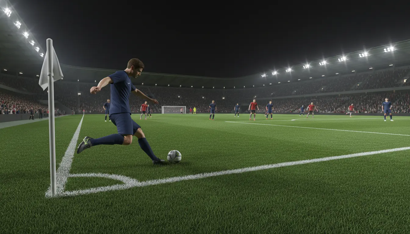 Jugador de fútbol ejecutando un saque de esquina en un estadio con el césped iluminado