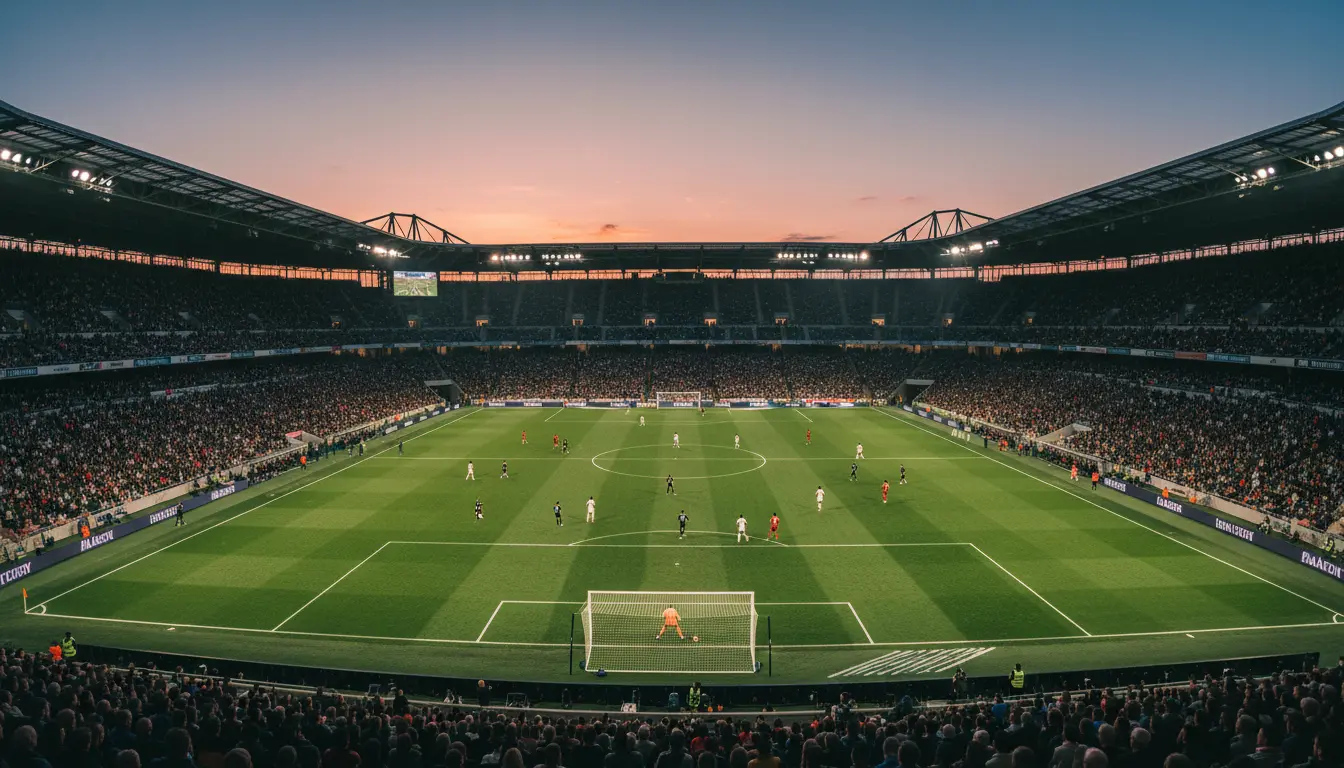 Vista panorámica de un estadio de fútbol al atardecer con el césped iluminado