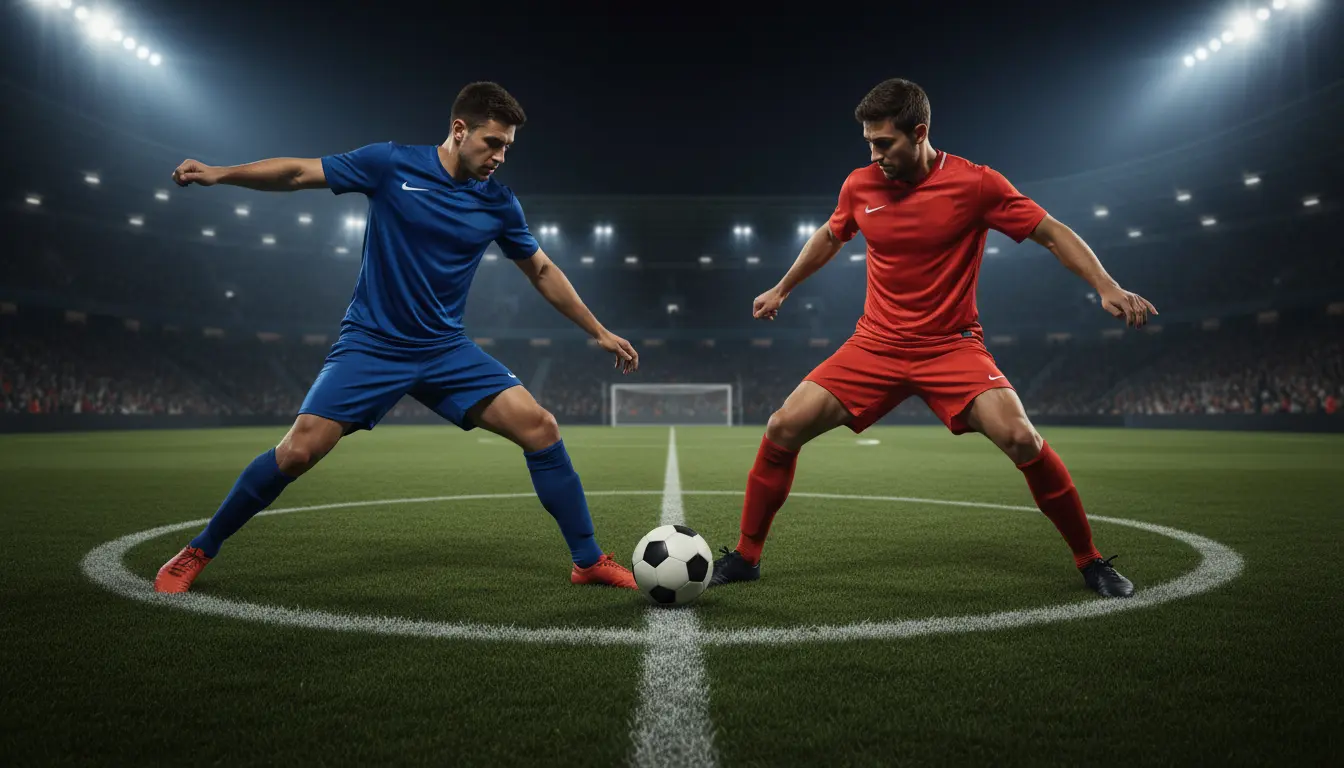 Dos equipos de fútbol disputando un balón dividido en el centro del campo sobre césped natural