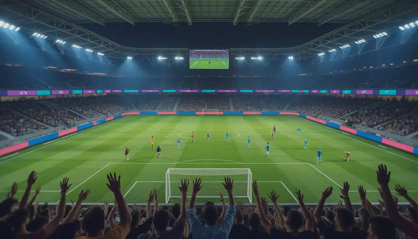 Vista panorámica de un partido de fútbol en vivo con el marcador electrónico visible