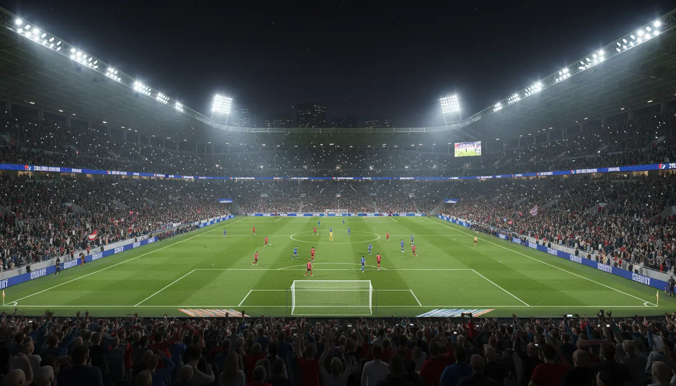 Partido de fútbol nocturno en un estadio lleno visto desde la grada con el campo iluminado