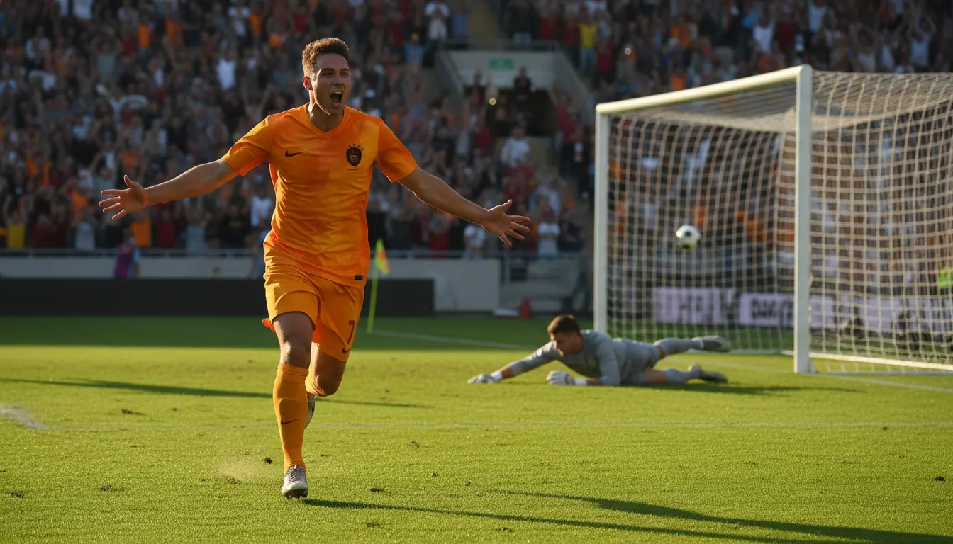 Delantero de fútbol celebrando un gol con los brazos abiertos frente a la portería