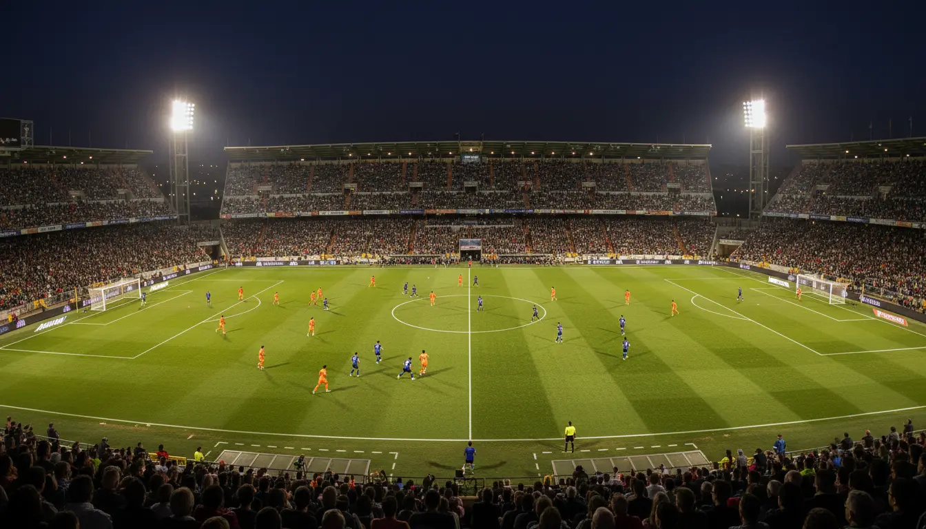Vista panorámica de un estadio de fútbol español lleno de público durante un partido nocturno