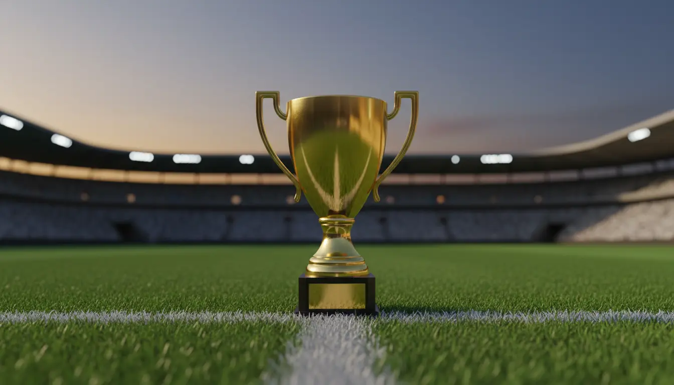 Trofeo de liga de fútbol sobre el césped de un estadio vacío iluminado al atardecer