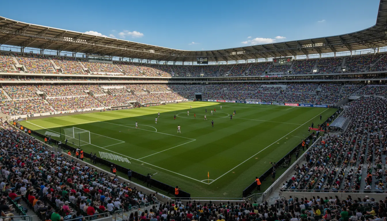 Estadio de fútbol mexicano con gradas coloridas llenas de público bajo cielo azul intenso