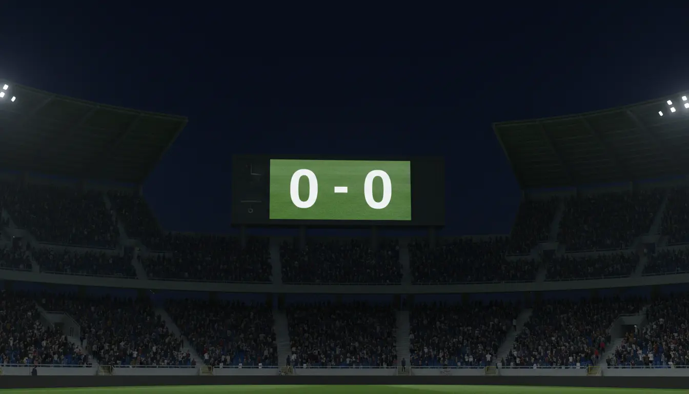 Marcador electrónico de estadio de fútbol mostrando un resultado durante un partido nocturno