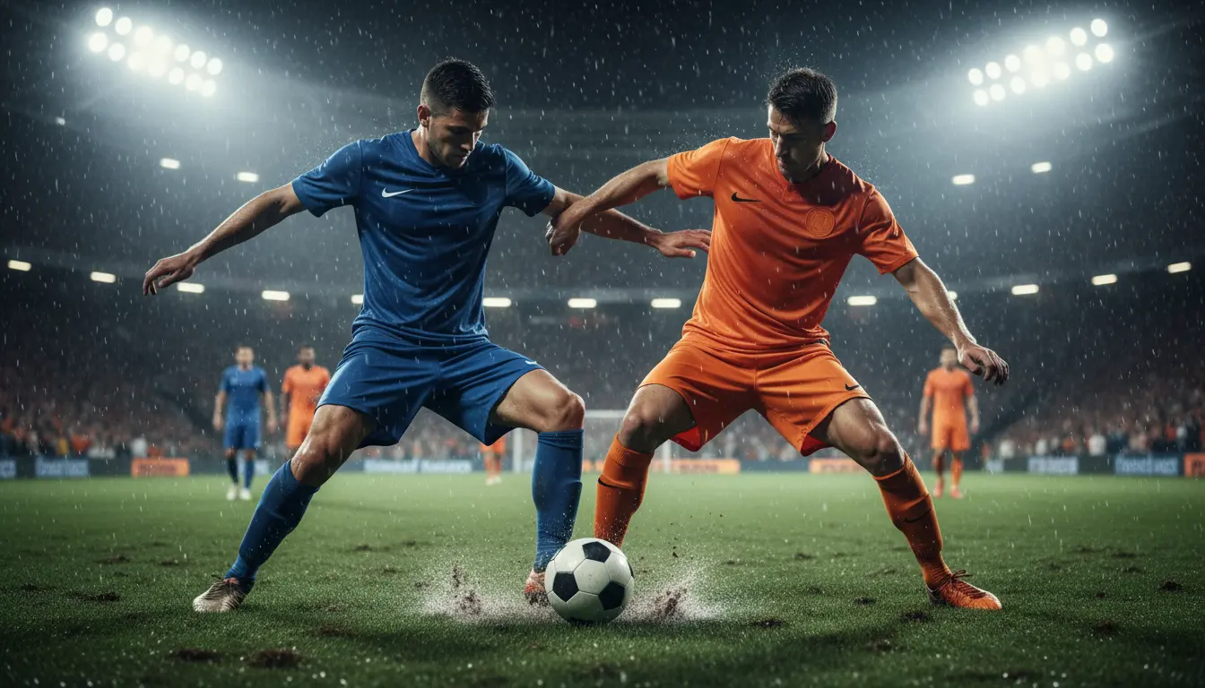 Jugadores de fútbol disputando un balón en un campo de césped verde bajo lluvia fina