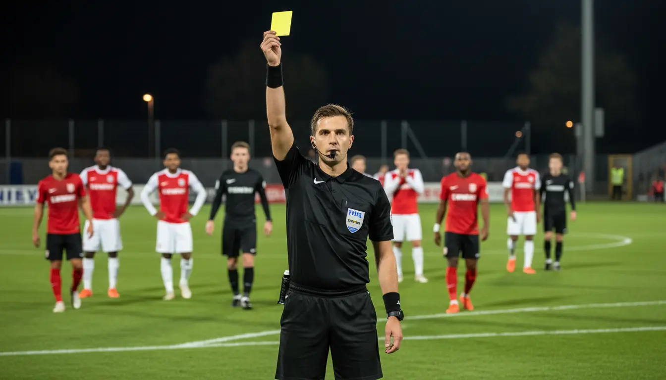 Árbitro de fútbol mostrando una tarjeta amarilla durante un partido en un campo de césped