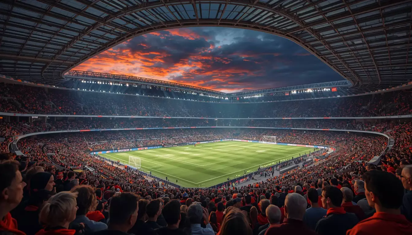 Estadio europeo lleno de espectadores durante un partido de competición internacional