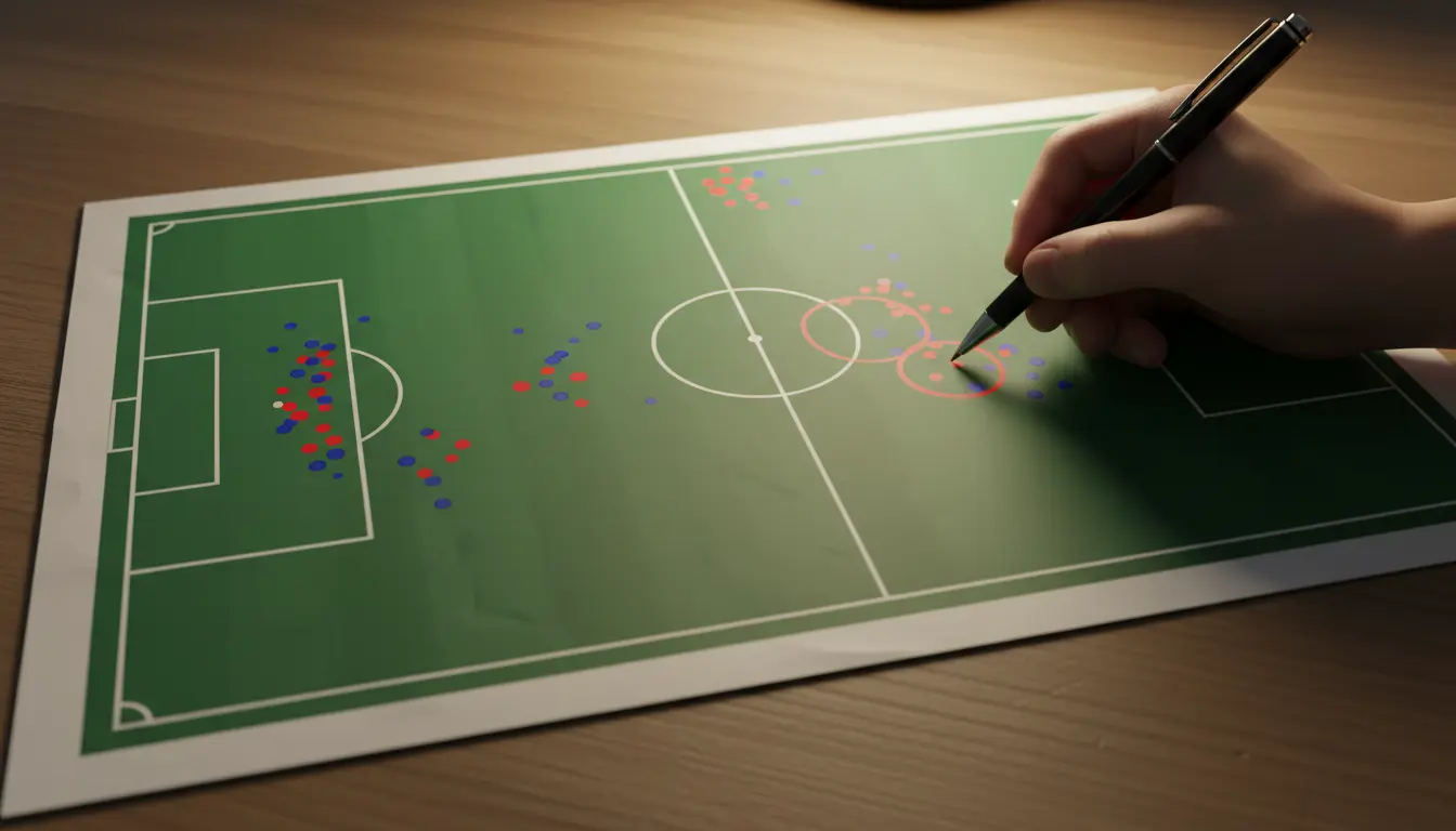 Mapa de disparos de un partido de fútbol sobre un diagrama de campo verde