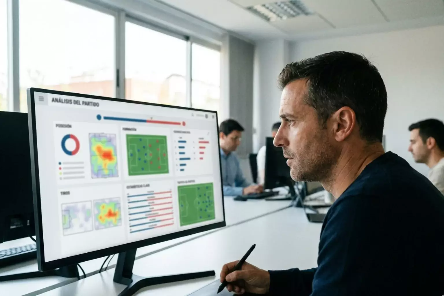 Analista deportivo revisando estadísticas de hándicap en ordenador