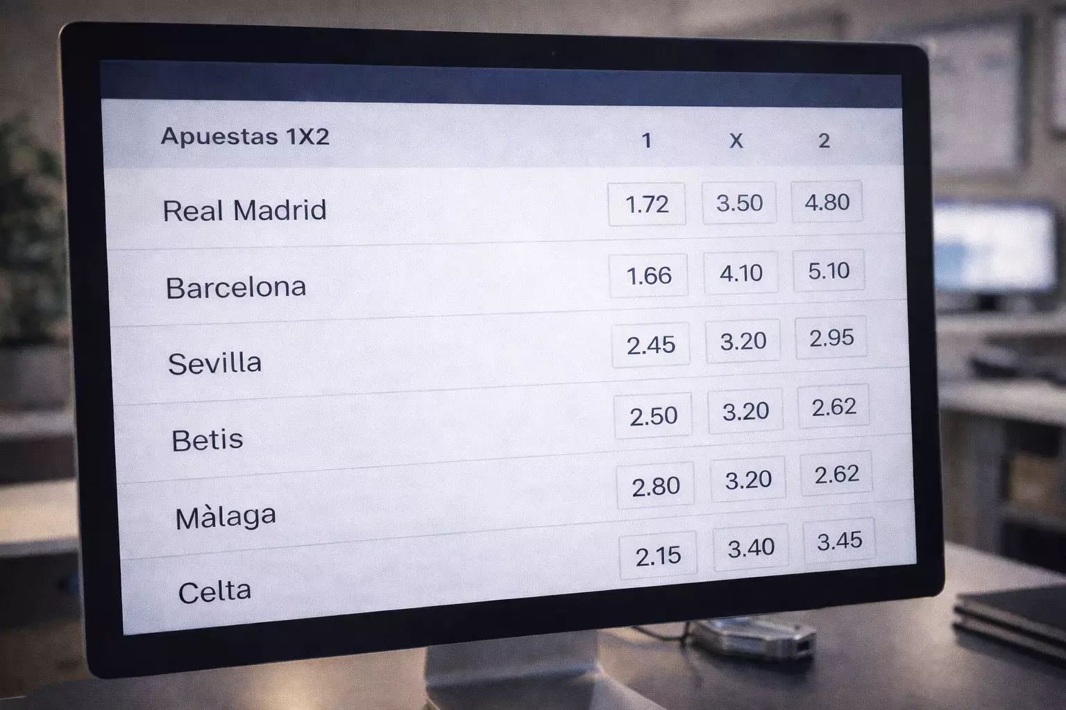 Pantalla con cuotas de apuestas 1X2 en un partido de fútbol