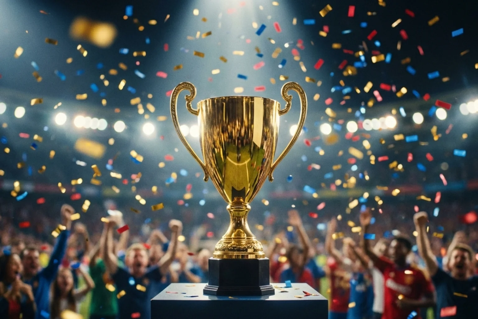 Trofeo de liga de fútbol sobre pedestal en ceremonia de entrega