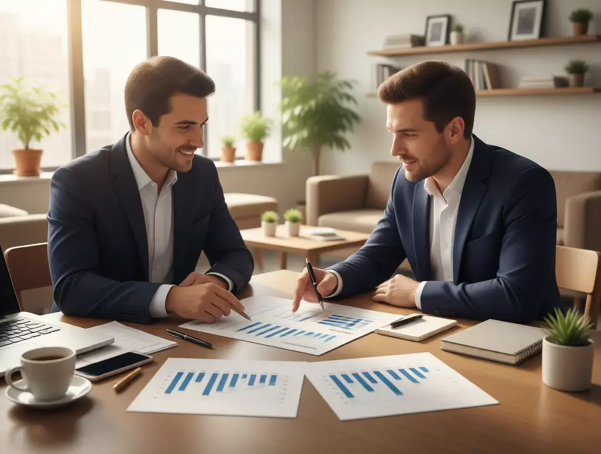 Dos personas discutiendo análisis de partido con documentos