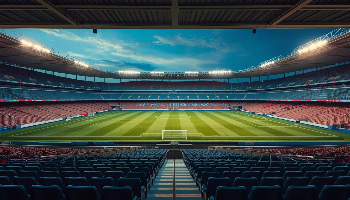 Campo de fútbol visto desde las gradas con perspectiva amplia