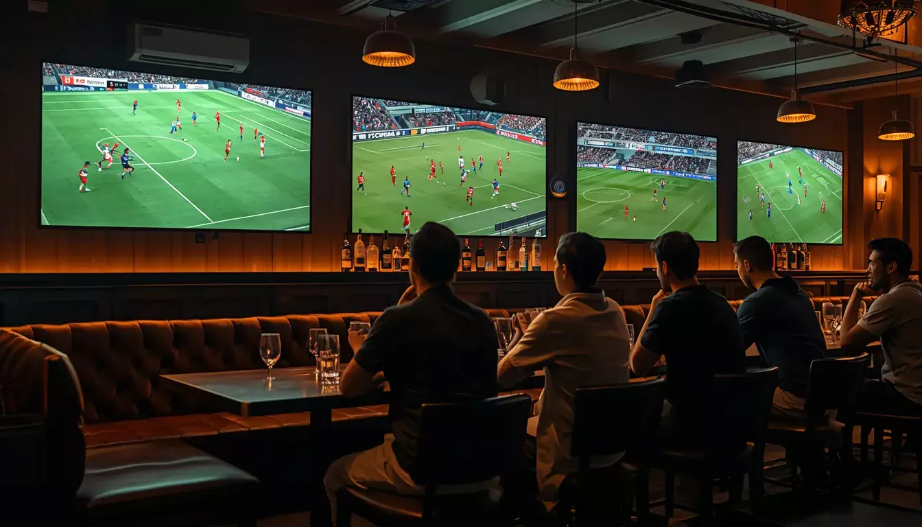 Aficionados viendo múltiples partidos de fútbol en pantallas de televisión en un bar deportivo