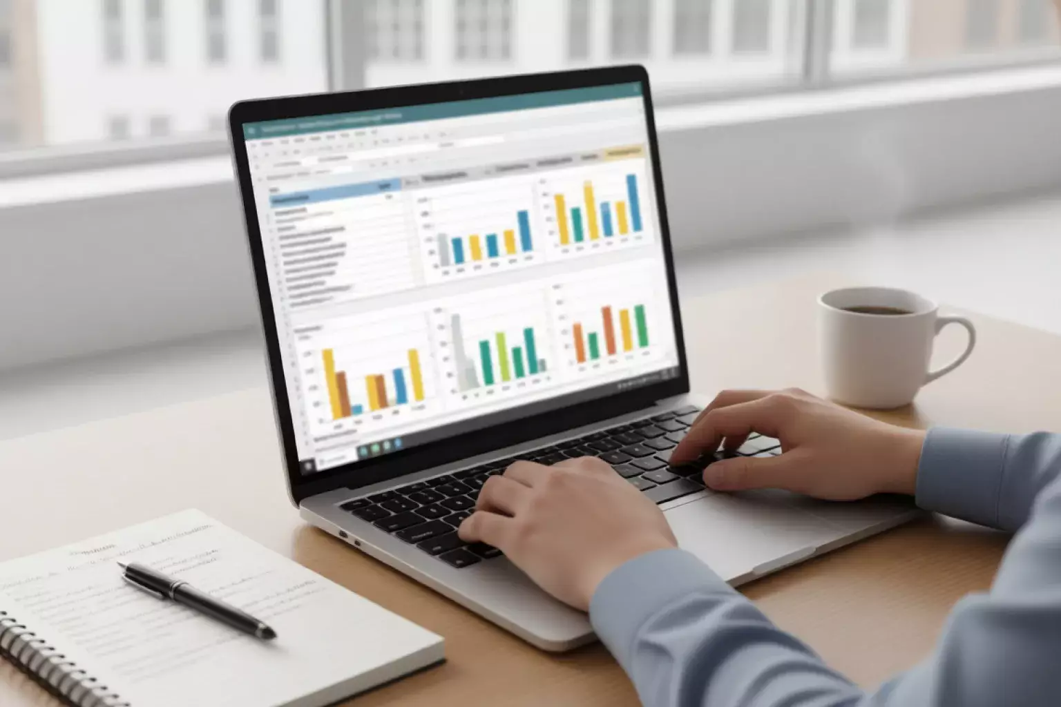 Persona analizando estadísticas de fútbol en un ordenador portátil con notas y bolígrafo