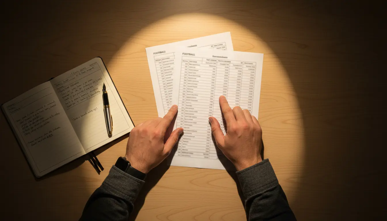 Persona analizando estadísticas de fútbol en un escritorio con documentos y notas